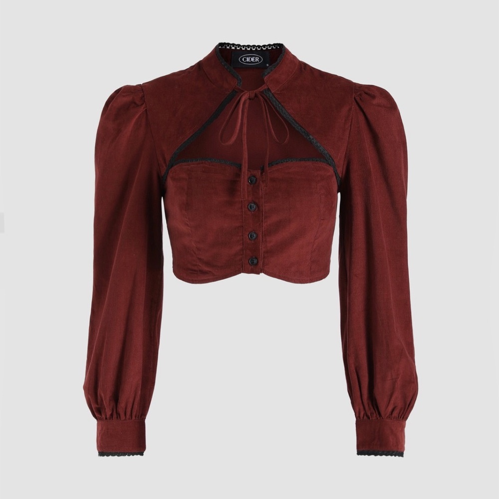 Cider Women's Burgundy Rust Cropped Blouse with Puff Sleeves XS sweatheart